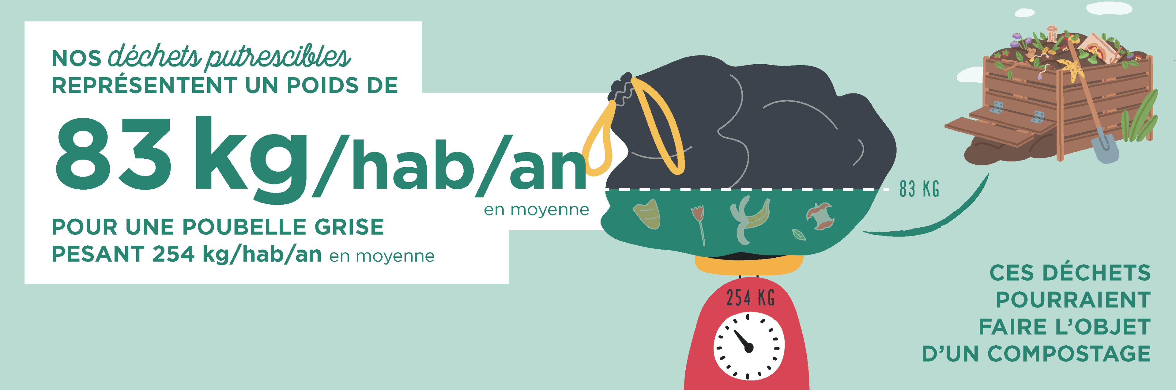 Infographie : les déchets compostables représentent 83 kg par habitant et par an