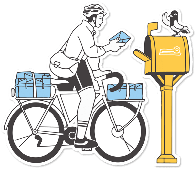 Persona en bicicleta recogiendo correo de un buzón