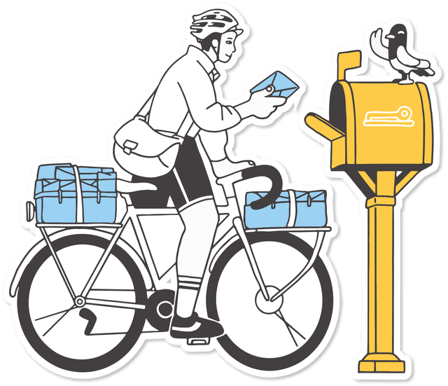 Personne sur un vélo récupérant du courrier dans une boîte aux lettres