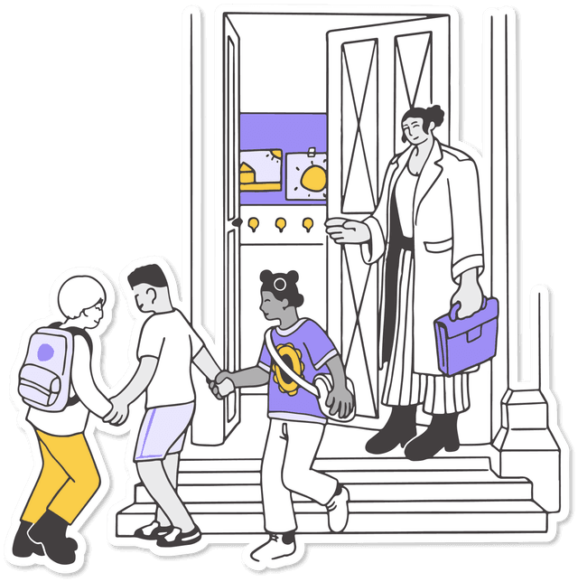 Niños saliendo de la escuela cogidos de la mano.